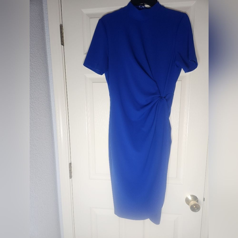 TAHARI by Arthur Levine 10 Blue Midi Stretch Crepe Shortslve  Lined Knot Dress